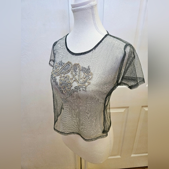Magical Vintage NATAYA Gray Mesh Beaded Crop Blouse Top S - Picture 4 of 8